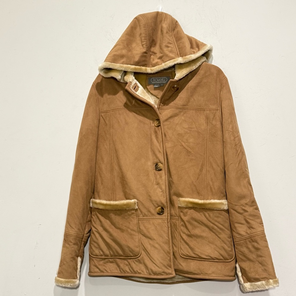 Novelti Tan Suede Fur Lined Hooded 4 Button Down Closure Jacket Coat Size S NWT - Picture 5 of 8